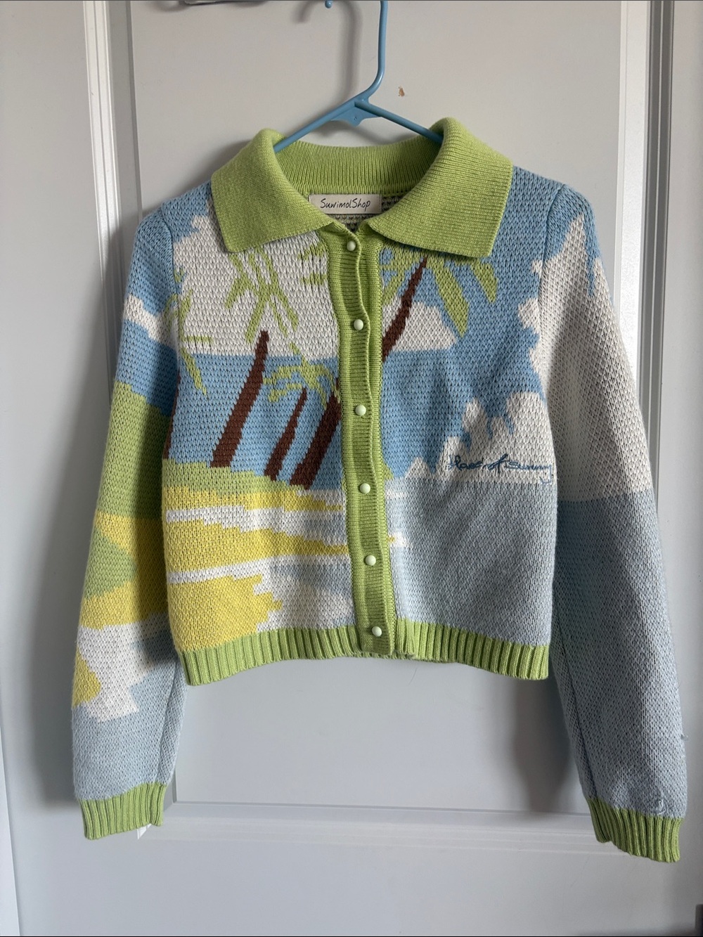Palm-Print Cropped Cardigan Sweater — Pastel Blue & Lime
